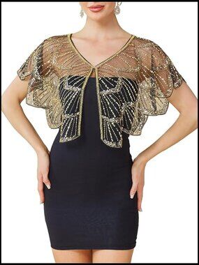 Embellished Gold Beaded Sheer Capelet Wrap